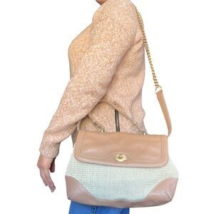 Talbots Leather Trim Woven Raffia Gold Link Strap Shoulder Bag